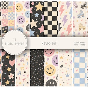 May include: A collection of 16 digital papers labeled Retro Girl, featuring patterns of black and white checkers, colorful smiley faces, stars, hearts, lightning bolts, roller skates, sunglasses, bows, crowns, and wavy lines in pastel tones.