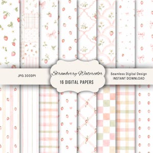Puede incluir: Una colección de 16 papeles digitales con patrones de fresas en acuarela, lazos rosas, cuadrículas y diseños de rayas sobre un fondo blanco. La etiqueta central muestra el texto Strawberry Watercolor 16 DIGITAL PAPERS.