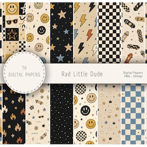 Può includere: Una collezione di 16 carte digitali etichettate Rad Little Dude, con motivi a scacchi bianchi e neri, faccine sorridenti gialle, stelle, fulmini, skateboard, occhiali da sole, fiamme e corone su sfondi color crema e neri.