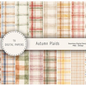 May include: A collection of 16 digital papers featuring watercolour plaid patterns in various autumn-inspired colour palettes including orange, green, yellow, and brown. The design includes the text 16 DIGITAL PAPERS, Autumn Plaids, and Seamless Digital Design PNG - 300dpi.