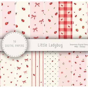 Puede incluir: Una colección de 16 papeles digitales con patrones sin costuras de mariquitas, lazos rojos, fresas, cerezas, corazones y flores en tonos rojo, rosa y crema. El texto dice 16 DIGITAL PAPERS Little Ladybug Seamless Digital Design PNG - 300dpi.