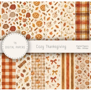 Può includere: Una collezione di 16 carte digitali intitolata Cozy Thanksgiving con motivi ad acquerello di zucche, maglioni, torte, bastoncini di cannella, foglie autunnali, mele, fiocchi e disegni a quadri in calde tonalità arancione, marrone e crema.