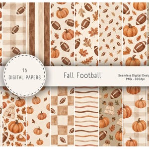 Pode incluir: Uma coleção de 16 papéis digitais com ilustrações em aquarela de abóboras, bolas de futebol americano, folhas de outono, bolotas e gorros de tricô. Os padrões incluem listras, quadrados xadrez e linhas onduladas em tons de marrom, laranja e creme.