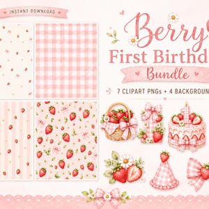 Jordgubbs första födelsedag Clipart-paket, rosa gingham digitalt papper (digital nedladdning)