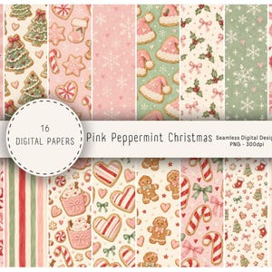 May include: A collection of 16 digital papers featuring Pink Peppermint Christmas seamless digital designs. Patterns include pink bows, gingerbread cookies, candy canes, snowflakes, holly, and Santa hats in shades of pink, green, and cream.