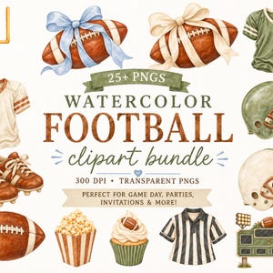 Puede incluir: Una colección digital de ilustraciones en acuarela con temática de fútbol americano que incluye un poste de meta, balones con lazos, camisetas, cascos, tacos, palomitas, un cupcake, una camisa de árbitro y un marcador con el texto 25+ PNGS WATERCOLOR FOOTBALL.