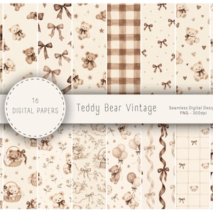 Peut inclure: Une collection de 16 papiers numériques présentant des motifs d'ours en peluche vintage dans des tons marron et crème. Les motifs incluent des ours, des nœuds, des étoiles, des lunes, des ballons, des fleurs et des carreaux. Texte 16 DIGITAL PAPERS.