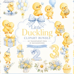 Puede incluir: Un paquete de imágenes prediseñadas digitales con patitos amarillos, lazos de cuadros vichy azules, regalos, globos y arreglos florales. El texto central dice Little Duckling CLIPART BUNDLE, 20 TRANSPARENT PNGS, 10 BACKGROUNDS y 300 DPI.