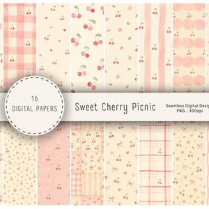 Puede incluir: Una colección de 16 papeles digitales con patrones sin costuras de cerezas en acuarela, lazos rosas, cuadros vichy, rayas y lunares sobre un fondo crema. El texto dice 16 DIGITAL PAPERS Sweet Cherry Picnic Seamless Digital Design PNG - 300dpi.