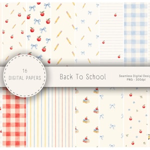 May include: A collection of 16 seamless digital papers featuring Back To School themes. Patterns include red apples, yellow pencils, light blue bows, school buses, stacks of books, red and white gingham, blue plaid, and striped designs.