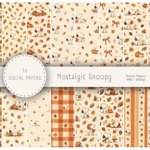Op de afbeelding: Een collectie van 16 digitale papieren met Snoopy en Woodstock in herfstthema patronen. De ontwerpen bevatten oranje pompoenen, vallende bladeren, eikels, ruitpatronen en footballs op een crèmekleurige achtergrond met de tekst Nostalgic Snoopy.