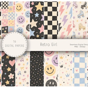 Puede incluir: Una colección de 16 papeles digitales titulados Retro Girl, que presentan patrones sin costuras con cuadros, caras sonrientes, estrellas, rayos, patines, gafas de sol, corazones, flores y coronas en paletas de colores pastel y negro.