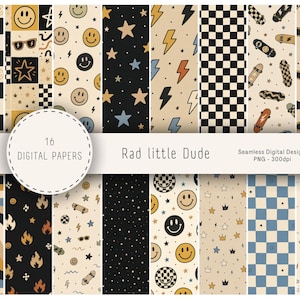 May include: A collection of 16 seamless digital papers titled Rad little Dude, featuring patterns of smiley faces, checkered squares, lightning bolts, stars, skateboards, sunglasses, flames, and wavy lines in black, white, blue, and tan colours.