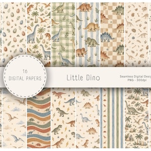 May include: A collection of 16 digital papers featuring watercolor illustrations of dinosaurs, palm trees, eggs, and foliage in neutral tones. The designs include patterns with stripes, checkers, and waves, labeled Little Dino, Seamless Digital Design, 300dpi.