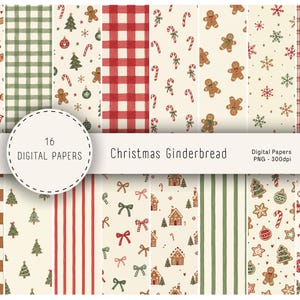May include: A collection of 16 digital papers featuring Christmas themes including gingerbread men, candy canes, pine trees, snowflakes, bows, and houses. The patterns include red and green plaid, stripes, and checkered designs on cream backgrounds.