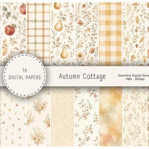 Könnte beinhalten: Eine Sammlung von 16 digitalen Papieren mit dem Titel Autumn Cottage, die nahtlose Designs mit Aquarellillustrationen von Äpfeln, Birnen, Eicheln, Herbstblättern, Wildblumen, Pilzen und Karomustern in Orange-, Braun- und Cremetönen zeigen.