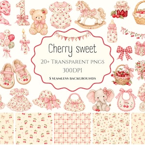Puede incluir: Una colección digital de ilustraciones en acuarela con temática de cerezas que incluye un oso de peluche, ropa de bebé, un caballito de madera, un pastel, un cochecito y cestas. El texto central dice Cherry sweet 20+ TRANSPARENT PNGS 300DPI 5 SEAMLESS BACKGROUNDS.