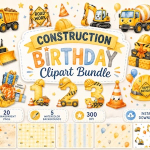 May include: A digital clipart bundle featuring watercolor construction vehicles, road signs, traffic cones, and numbers one through three. The central text reads Construction Birthday Clipart Bundle, surrounded by gift boxes, a cupcake, and patterned backgrounds.