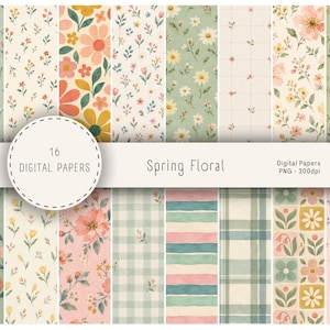 May include: A collection of 16 digital papers featuring spring floral patterns, including various flower motifs, stripes, and plaid designs in soft pastel colours like green, pink, yellow, and white, with text reading 16 DIGITAL PAPERS Spring Floral.
