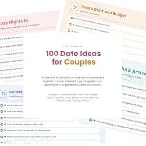 May include: A book titled 100 Date Ideas for Couples with a white cover featuring dark pink and brown text. The pages display lists of activities categorized into sections like Cozy Nights In, Food & Drink on a Budget, and Playful & Active.