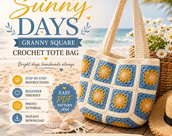 Sunflower Granny Square Crochet Tote Bag Pattern (PDF) | Beginner Photo Tutorial