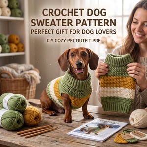 Könnte beinhalten: Eine Häkelanleitung für einen Hundepullover als PDF mit einem braunen Dackel, der einen grün-gelb-weiß gestreiften Pullover trägt. Der Text lautet CROCHET DOG SWEATER PATTERN, PERFECT GIFT FOR DOG LOVERS und DIY COZY PET OUTFIT PDF.