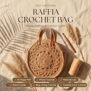 Puede incluir: Un bolso redondo de ganchillo de rafia con un patrón circular texturizado y dos asas marrones. El texto dice PDF PATTERN RAFFIA CROCHET BAG Digital Pattern & Tutorial Guide, 30-Page PDF, Photo Tutorial, Material List, Stitch Guide, Bag Lining Tutorial, Twisted Cord Tutorial.