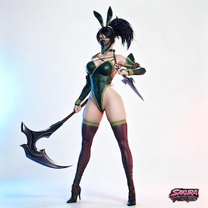 May include: A stylized figurine of a warrior wearing a dark green bodysuit, bunny ears, and a face mask. The figure has a high ponytail, holds a large scythe in one hand and a dagger in the other, and wears high-heeled boots. Sakura Voxel logo.