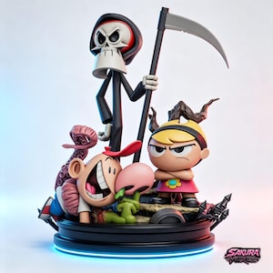 Può includere: Un set di figurine raffigurante uno scheletro alto con tunica nera e cappuccio che regge una falce, un ragazzo sorridente con berretto rosso e naso rosa, e una ragazza bionda in abito rosa con un fiore, il tutto su una base nera.