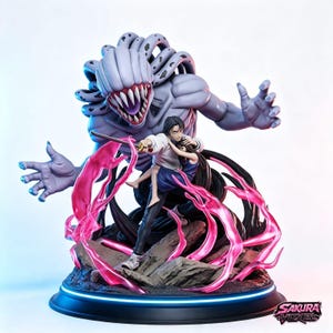 May include: A detailed collectible figure featuring a dark-haired character in a white jacket holding a sword and a smaller figure, positioned in front of a large, pale purple monster with sharp teeth. Pink energy effects surround the base.