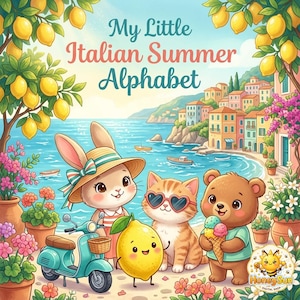 Libro para colorear del alfabeto italiano de verano, actividad ABC para preescolares, aprendizaje Montessori (PDF A4)