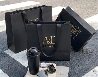 Personalized Luxury Gift Bag with Custom Logo, Black Paper Shopping Bag, Corporate Gift Packaging, Wedding Favor Bag, Business Event Bag