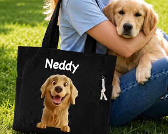 Personalized Pet Portrait Tote Bag, Custom Dog Face Corduroy Tote, Pet Lover Gift, Dog Mom Gift, Custom Animal Canvas Bag