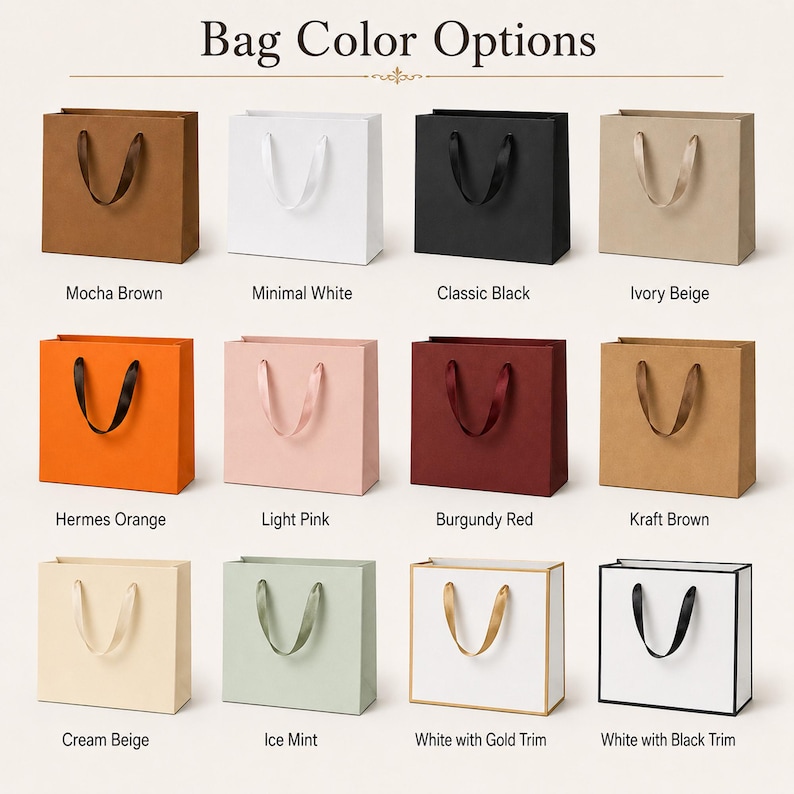 Puede incluir: Una cuadr&iacute;cula de doce bolsas de regalo cuadradas de papel con asas de cinta, etiquetadas con opciones de color que incluyen Mocha Brown, Minimal White, Classic Black, Ivory Beige, Hermes Orange, Light Pink, Burgundy Red, Kraft Brown, Cream Beige, Ice Mint, White with Gold Trim y White with Black Trim.