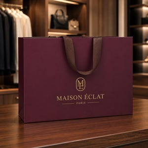 Pode incluir: Uma sacola de compras retangular na cor bordô com alças de fita marrom escura. A frente apresenta um logotipo dourado com as letras ME dentro de um oval, seguido pelo texto MAISON ÉCLAT e a palavra PARIS centralizada em fonte serifada.