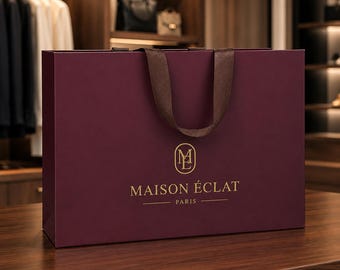 Puede incluir: Una bolsa de compras rectangular de color burdeos con asas de cinta marrón oscuro. El frente presenta un logotipo dorado con las letras ME dentro de un óvalo, seguido del texto MAISON ÉCLAT y la palabra PARIS centrada en fuente serif dorada.