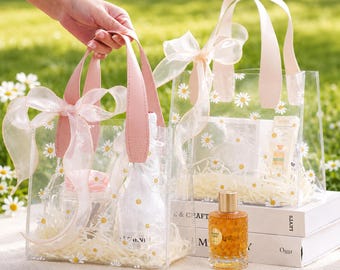 Personalized Daisy Clear Gift Bag, Custom Name Wedding Favor Bag, Bridesmaid Gift Bag, Transparent Tote Bag, Bridal Shower Party Favor