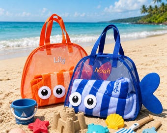 Custom Embroidered Kids Beach Bag, Personalized Children's Beach Tote Bag, Mesh Fish Beach Tote, Kids' Toy Beach Bag, Gift for Kids