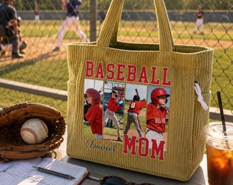 Personalized Baseball Mom Tote Bag, Custom Photo Collage Bag, Baseball Gift for Mom, Custom Sports Team Bag, Little League Mom Gift