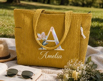 Personalized Corduroy Tote Bag with Name, Custom Floral Monogram Initial Bag, Gift for Women, Birthday Gift, Bridesmaid Gift