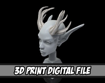 May include: A 3D printed bust of a creature with antlers, the antlers are white and the bust is gray.