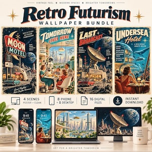 Op de afbeelding: Een digitaal behangpakket met vier retro-futuristische scènes genaamd Moon Motel, Tomorrow Lives Here, The Last Broadcast en Undersea Hotel. De set bevat 16 digitale bestanden voor telefoon en desktop, met vintage-geïnspireerde sci-fi kunst met ruimte, robots en futuristische stadsgezichten.