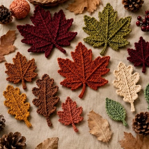 Puede incluir: Una colección de hojas tejidas en varias formas y colores otoñales, incluyendo rojo oscuro, verde oliva, naranja quemado, amarillo dorado y crema. El conjunto incluye diseños de hojas de arce y roble junto a piñas naturales y hojas secas.