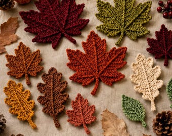 May include: A collection of knitted leaves in various shapes and autumn colors including deep red, olive green, burnt orange, golden yellow, and cream. The set includes maple and oak leaf designs arranged alongside natural pinecones and dried leaves.