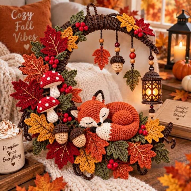 May include: A crescent-shaped crochet wreath featuring a sleeping orange and white fox, red and white mushrooms, and autumn-colored leaves. The wreath is decorated with hanging crochet acorns and a small lantern, creating a seasonal display.