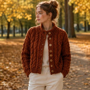 May include: A rust-coloured cable knit cardigan featuring a high collar, long sleeves, and a front button closure with eight light-coloured circular buttons. The garment is worn over a plain white shirt and light-coloured trousers.