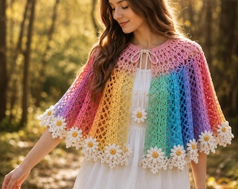 May include: A crochet cape featuring a vibrant rainbow gradient pattern with an openwork stitch design. The garment is adorned with white daisy flower motifs along the scalloped hem and includes a tie closure with a matching daisy pendant.