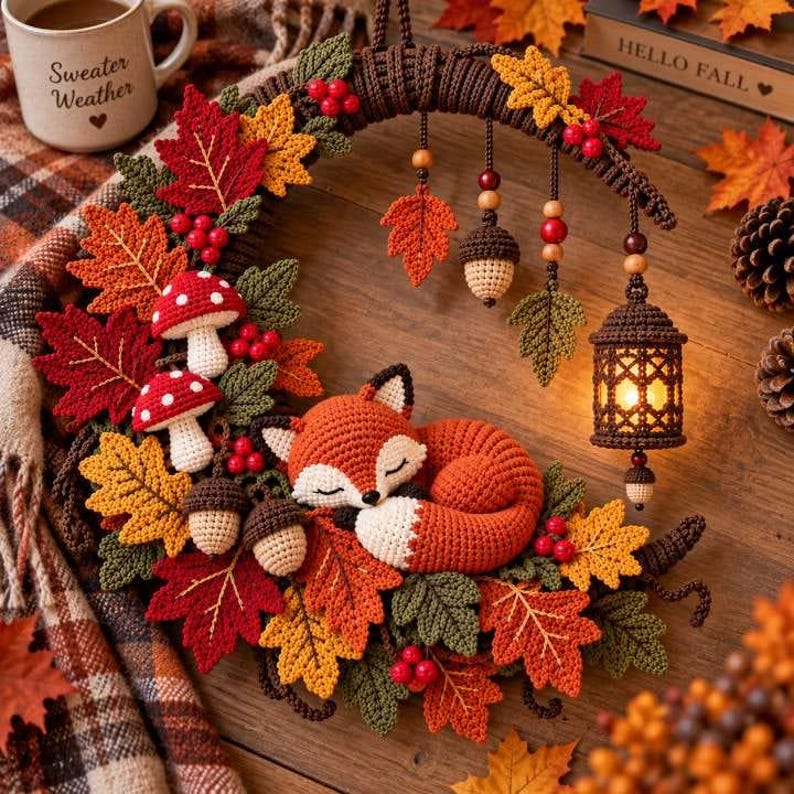 May include: A crescent-shaped crochet wreath featuring a sleeping orange and white fox, red and yellow maple leaves, small red berries, two acorns, two red and white mushrooms, and a hanging brown lantern with a warm light, all crafted in yarn.