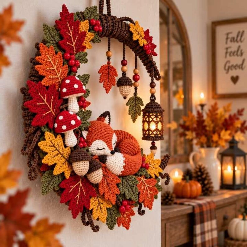 May include: A crochet wreath featuring a sleeping orange and white fox, red and white mushrooms, brown acorns, and vibrant autumn leaves in red, orange, and green. The wreath includes hanging wooden beads and a small lantern with a warm light.