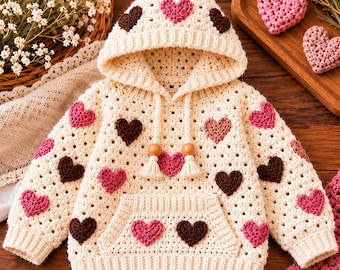 May include: A cream-colored crochet hoodie featuring a hood, long sleeves, and a front kangaroo pocket. The garment is decorated with multiple small, crocheted heart appliques in shades of dark brown and pink, with two wooden beads on the drawstrings.